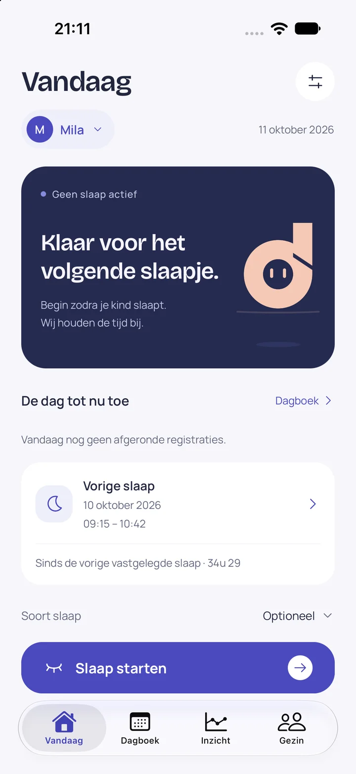 Vandaag in Doozle, met het vorige slaapje en de knop Slaap starten